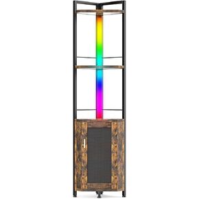 TARKARI RGB Light bar Iron Wood Corner Shelf Stand Tall Book Shelf Decor bar Cabinet with Doors for Liquor Display Corner Shelves Standing for Living Room