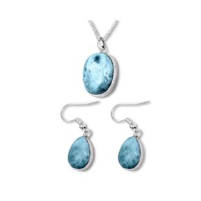 Artisanal Creation in 925 Silver: Set of Earrings, Chain, and Pendant with Natural Larimar Stones