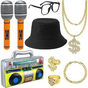 Nobgum 8Pcs Hip Hop Costume Accessories kit，80s/90s Hip Hop Fancy Dress with Gold Dollar Sign Necklace Sunglasses Rings Bracelet Radio Microphone Balloon, Rapper Accessories for Men Women in Kuwait