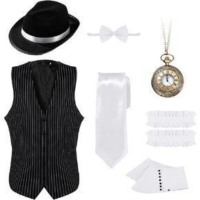 Toulite Halloween 1920s Men Gangster Cosplay Set Vest Accessories Gangster Hat Bow Tie Armbands Pocket Watch Spats