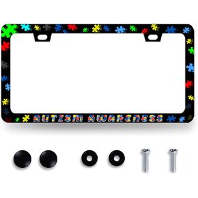 Autism Awareness License Plate Frame Puzzle Autism License Plate Holder Stainless Steel Rust-Proof Auto Parts Decoration Fits U.S. Canadian Standard Colorful License Plate Cover for Men Women Gift