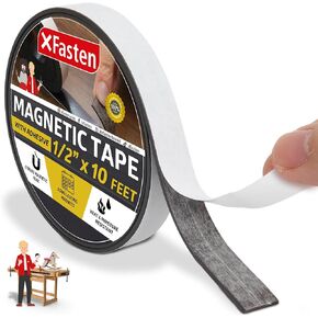 XFasten 1/2-Inch X 10-Foot, Pack of 3 Strong Magnetic Tape Roll, Sticky Magnetic Strips with Adhesive Backing for Crafts, DIY, Walls, Heavy Duty Magnetic Tape for Whiteboard, Adhesive Magnetic Strips