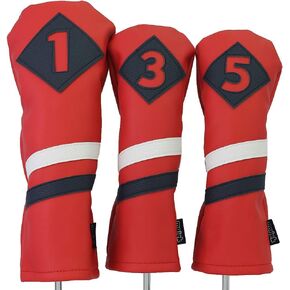 Majek Retro Golf Headcovers Red with White and Blue Stripe Vintage Leather Style 1 3 5 Driver and Fairway Head Covers Fits 460cc Drivers Classic Look