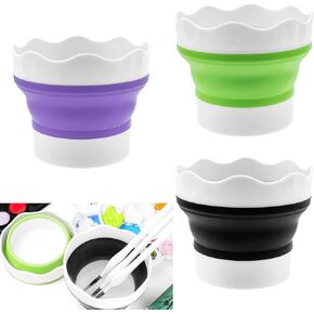 Aswewamt 3 Pcs Collapsible Paint Brush Washer Silicone Portable Painting Water Cup Mini Foldable Washing Bucket Brush Holder Organizer Cleaner for Watercolor Oil Painting (Black+Purple+Green)