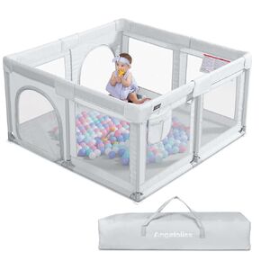 ANGELBLISS Baby Playpen، ساحة لعب كبيرة جدًا، مركز أنشطة للأطفال داخلي وخارجي مع قاعدة مضادة للانزلاق، ساحة لعب آمنة قوية مع شبكة مسامية، سياج للأطفال الصغار (رمادي داكن، 71 بوصة × 59 بوصة)