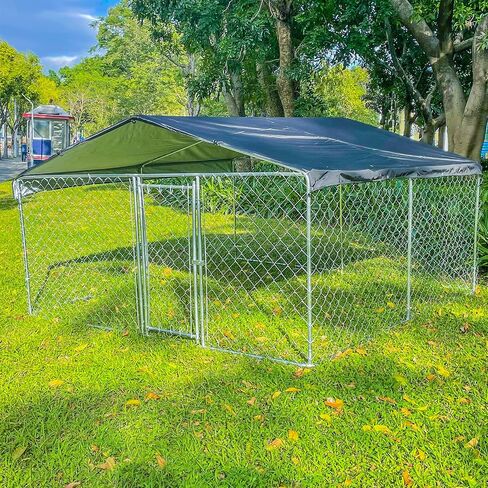 Xinhonglei Metal Outdoor Dog Kennel Dog Run Fence, Large Outside Dog Kennel with Roof, Heavy Duty Dog Cage House Playpen with Waterproof UV-Resistant Cover and Secure Lock, 9.8' x 9.8' x 5.6' in Saudi Arabia