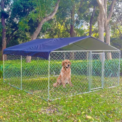 Xinhonglei Metal Outdoor Dog Kennel Dog Run Fence, Large Outside Dog Kennel with Roof, Heavy Duty Dog Cage House Playpen with Waterproof UV-Resistant Cover and Secure Lock, 9.8' x 9.8' x 5.6' in Saudi Arabia