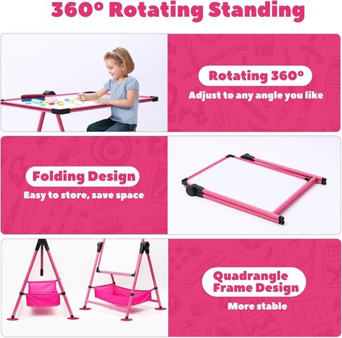 حامل فني للأطفال ذو وجهين مصمم بوظيفة ارتفاع قابلة للتعديل وحقيبة تخزين كبيرة سبورة بيضاء وسبورة سبورة دوارة 360 درجة للأطفال الصغار (26 بوصة - 43 بوصة) in Kuwait