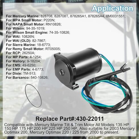 محرك الإمالة والتشذيب الخاص بك 430-22011 متوافق مع جميع موديلات ميركوري مارين 828708، 828708T، 878265A1، 878265A4، 8M0031551، T1082M، 67-2802، 4-1254، P220N، 6250، 10826N in Kuwait