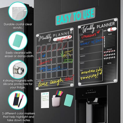 تقويم أكريليك للثلاجة - مجموعة من لوحتين للمسح الجاف لتقويم الثلاجة المغناطيسي - لوحة تقويم مغناطيسية فارغة مقاس 16 × 12 بوصة - 5 أقلام تلوين وقائمة مغناطيسية للمهام - مصممة لارتفاع كتابتك in Kuwait