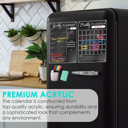 تقويم أكريليك للثلاجة - مجموعة من لوحتين للمسح الجاف لتقويم الثلاجة المغناطيسي - لوحة تقويم مغناطيسية فارغة مقاس 16 × 12 بوصة - 5 أقلام تلوين وقائمة مغناطيسية للمهام - مصممة لارتفاع كتابتك in Kuwait