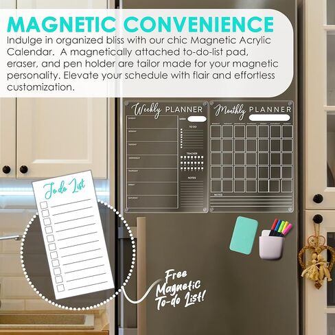 تقويم أكريليك للثلاجة - مجموعة من لوحتين للمسح الجاف لتقويم الثلاجة المغناطيسي - لوحة تقويم مغناطيسية فارغة مقاس 16 × 12 بوصة - 5 أقلام تلوين وقائمة مغناطيسية للمهام - مصممة لارتفاع كتابتك in Kuwait
