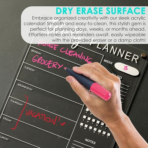 تقويم أكريليك للثلاجة - مجموعة من لوحتين للمسح الجاف لتقويم الثلاجة المغناطيسي - لوحة تقويم مغناطيسية فارغة مقاس 16 × 12 بوصة - 5 أقلام تلوين وقائمة مغناطيسية للمهام - مصممة لارتفاع كتابتك in Kuwait
