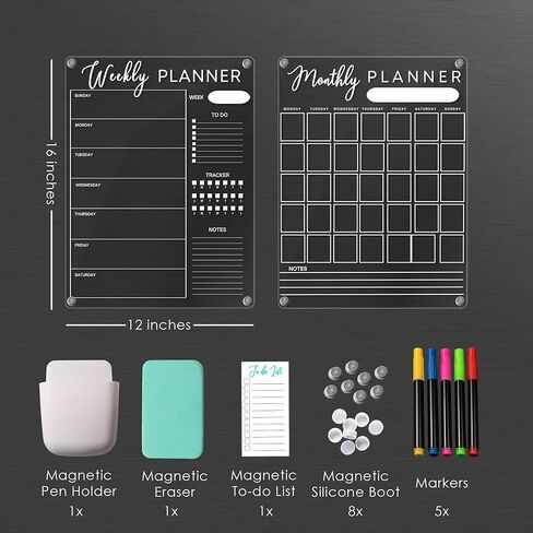 تقويم أكريليك للثلاجة - مجموعة من لوحتين للمسح الجاف لتقويم الثلاجة المغناطيسي - لوحة تقويم مغناطيسية فارغة مقاس 16 × 12 بوصة - 5 أقلام تلوين وقائمة مغناطيسية للمهام - مصممة لارتفاع كتابتك in Kuwait