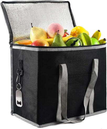 حقيبة تبريد، حقيبة توصيل الطعام المعزولة، حقائب البقالة، حقائب تبريد كبيرة مع سحاب علوي، حقيبة تسوق حرارية قابلة لإعادة الاستخدام للبقالة، تقديم الطعام، البيتزا، تدفئة الطعام المجمد الساخن، السفر، النزهة باللون الأسود in Kuwait