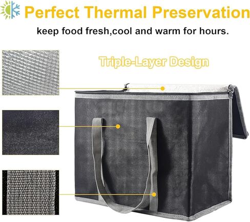 حقيبة تبريد، حقيبة توصيل الطعام المعزولة، حقائب البقالة، حقائب تبريد كبيرة مع سحاب علوي، حقيبة تسوق حرارية قابلة لإعادة الاستخدام للبقالة، تقديم الطعام، البيتزا، تدفئة الطعام المجمد الساخن، السفر، النزهة باللون الأسود in Kuwait