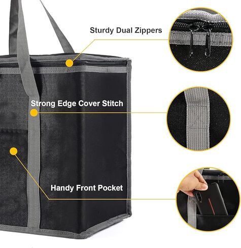 حقيبة تبريد، حقيبة توصيل الطعام المعزولة، حقائب البقالة، حقائب تبريد كبيرة مع سحاب علوي، حقيبة تسوق حرارية قابلة لإعادة الاستخدام للبقالة، تقديم الطعام، البيتزا، تدفئة الطعام المجمد الساخن، السفر، النزهة باللون الأسود in Kuwait