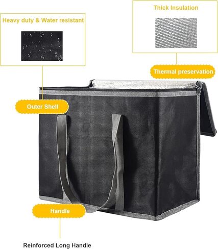 حقيبة تبريد، حقيبة توصيل الطعام المعزولة، حقائب البقالة، حقائب تبريد كبيرة مع سحاب علوي، حقيبة تسوق حرارية قابلة لإعادة الاستخدام للبقالة، تقديم الطعام، البيتزا، تدفئة الطعام المجمد الساخن، السفر، النزهة باللون الأسود in Kuwait