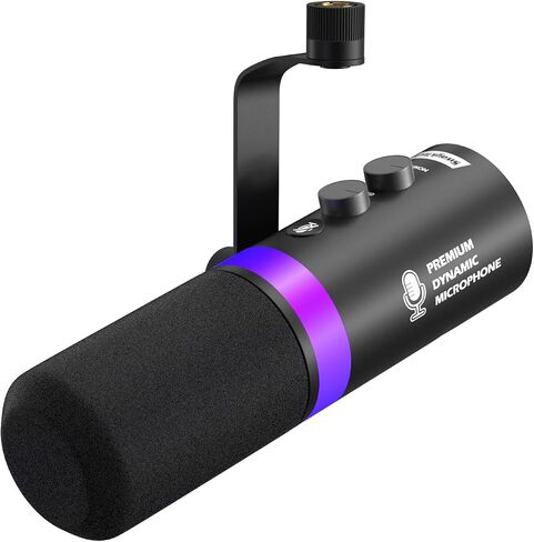 XLR/USB Dynamic Microphone with RGB Light, Headphone Jack, Mute Button, Volume Control, Desktop Stand, Metal Cardioid Mic for Podcasting, Live Streaming, Gaming, Recoding, Vocal Voice-Over in Kuwait