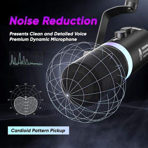 XLR/USB Dynamic Microphone with RGB Light, Headphone Jack, Mute Button, Volume Control, Desktop Stand, Metal Cardioid Mic for Podcasting, Live Streaming, Gaming, Recoding, Vocal Voice-Over in Kuwait