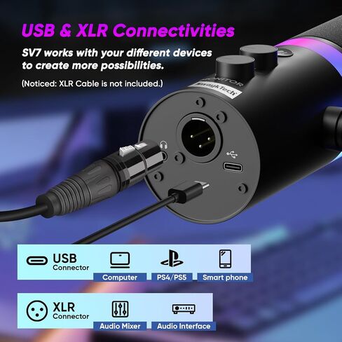 XLR/USB Dynamic Microphone with RGB Light, Headphone Jack, Mute Button, Volume Control, Desktop Stand, Metal Cardioid Mic for Podcasting, Live Streaming, Gaming, Recoding, Vocal Voice-Over in Kuwait