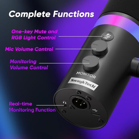 XLR/USB Dynamic Microphone with RGB Light, Headphone Jack, Mute Button, Volume Control, Desktop Stand, Metal Cardioid Mic for Podcasting, Live Streaming, Gaming, Recoding, Vocal Voice-Over in Kuwait