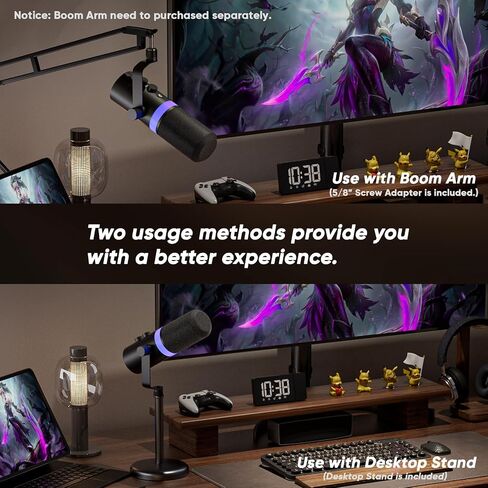 XLR/USB Dynamic Microphone with RGB Light, Headphone Jack, Mute Button, Volume Control, Desktop Stand, Metal Cardioid Mic for Podcasting, Live Streaming, Gaming, Recoding, Vocal Voice-Over in Kuwait
