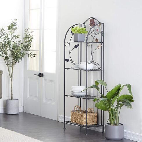 Deco 79 Metal Floral Indoor Outdoor Tall Folding 4 Shelf Bakers Rack, 25" x 12" x 68", Black in Saudi Arabia