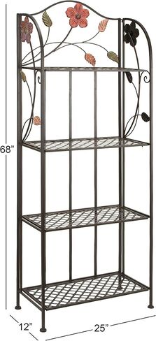 Deco 79 Metal Floral Indoor Outdoor Tall Folding 4 Shelf Bakers Rack, 25" x 12" x 68", Black in Saudi Arabia