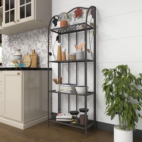Deco 79 Metal Floral Indoor Outdoor Tall Folding 4 Shelf Bakers Rack, 25" x 12" x 68", Black in Saudi Arabia