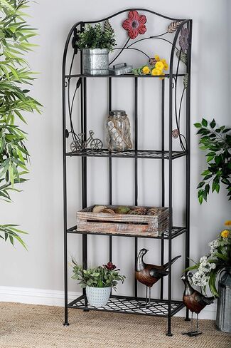 Deco 79 Metal Floral Indoor Outdoor Tall Folding 4 Shelf Bakers Rack, 25" x 12" x 68", Black in Saudi Arabia