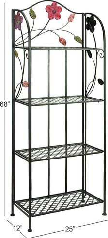 Deco 79 Metal Floral Indoor Outdoor Tall Folding 4 Shelf Bakers Rack, 25" x 12" x 68", Black in Saudi Arabia