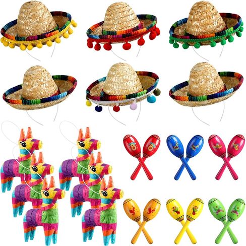 Riceshoot 24 Pcs Mexican Fiesta Decorations Include 6 Mini Sombrero Hat Headbands 12 Wooden Fiesta Maracas 6 Mini Donkey Pinata for Cinco De Mayo Party Supplies Favors Carnival Taco Tuesday Event in Saudi Arabia