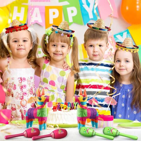 Riceshoot 24 Pcs Mexican Fiesta Decorations Include 6 Mini Sombrero Hat Headbands 12 Wooden Fiesta Maracas 6 Mini Donkey Pinata for Cinco De Mayo Party Supplies Favors Carnival Taco Tuesday Event in Saudi Arabia