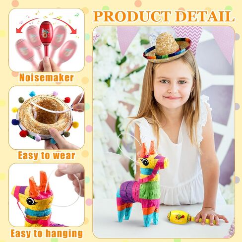 Riceshoot 24 Pcs Mexican Fiesta Decorations Include 6 Mini Sombrero Hat Headbands 12 Wooden Fiesta Maracas 6 Mini Donkey Pinata for Cinco De Mayo Party Supplies Favors Carnival Taco Tuesday Event in Saudi Arabia