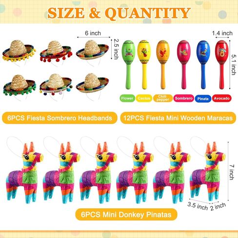 Riceshoot 24 Pcs Mexican Fiesta Decorations Include 6 Mini Sombrero Hat Headbands 12 Wooden Fiesta Maracas 6 Mini Donkey Pinata for Cinco De Mayo Party Supplies Favors Carnival Taco Tuesday Event in Saudi Arabia