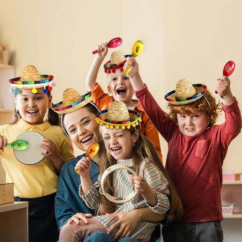 Riceshoot 24 Pcs Mexican Fiesta Decorations Include 6 Mini Sombrero Hat Headbands 12 Wooden Fiesta Maracas 6 Mini Donkey Pinata for Cinco De Mayo Party Supplies Favors Carnival Taco Tuesday Event in Saudi Arabia