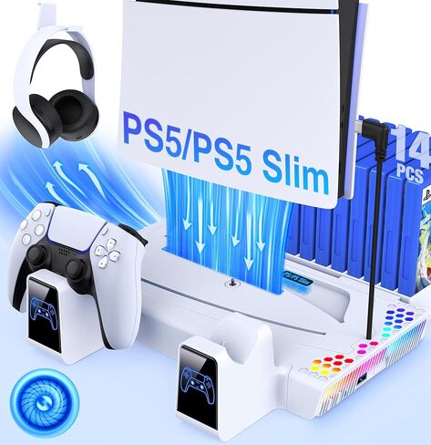 Kawaye لمحطة تبريد PS5 رفيعة مع شاحن وحدة تحكم لوحدة تحكم PS5/Slim، لملحقات PS5 حامل عمودي بما في ذلك مروحة تبريد 3 مستويات، ضوء RGB، حامل سماعة رأس، 14 فتحة ألعاب in Kuwait