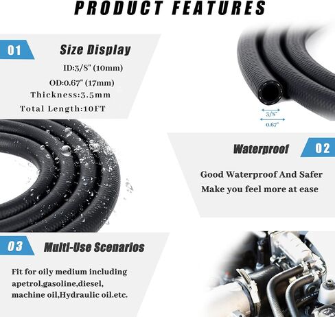 خط الوقود 3/8 بوصة معرف، 10FT أسود NBR المطاط دفع قفل خرطوم الوقود ارتفاع ضغط 300PSI لخرطوم محركات الوقود السيارات in Kuwait
