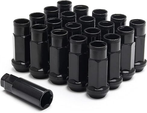 Piodelo 20 قطعة من صواميل العروة المصنوعة من الكروم، M12x1.25 صواميل العجلات ذات النهاية المفتوحة، مقعد البلوط المستدق، صامولة العروة المنتفخة ذات النهاية المغلقة، مجموعة صواميل سباق قفل مزورة مع مفتاح مقبس صامولة واحد مناسب للسيارات المختلفة - أسود in Saudi Arabia