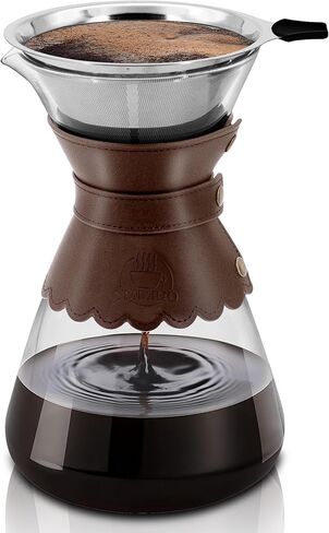 YMMIND 34oz Pour Over Coffee Maker with Double Layer Stainless Steel Filter, Borosilicate Glass Dripper, Detachable Heat-Resistant Leather Pad 7-8 Cups Coffee Maker Carafe（Dark brown） in Saudi Arabia