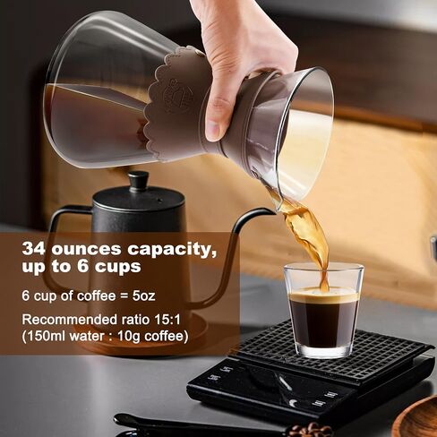 YMMIND 34oz Pour Over Coffee Maker with Double Layer Stainless Steel Filter, Borosilicate Glass Dripper, Detachable Heat-Resistant Leather Pad 7-8 Cups Coffee Maker Carafe（Dark brown） in Saudi Arabia