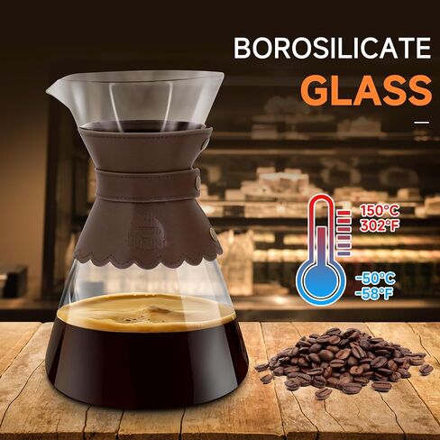 YMMIND 34oz Pour Over Coffee Maker with Double Layer Stainless Steel Filter, Borosilicate Glass Dripper, Detachable Heat-Resistant Leather Pad 7-8 Cups Coffee Maker Carafe（Dark brown） in Saudi Arabia