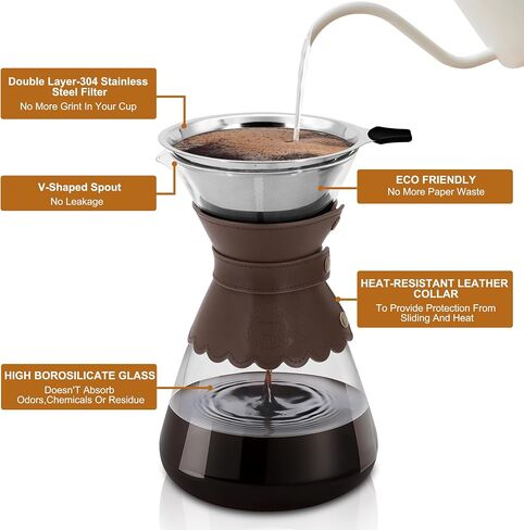 YMMIND 34oz Pour Over Coffee Maker with Double Layer Stainless Steel Filter, Borosilicate Glass Dripper, Detachable Heat-Resistant Leather Pad 7-8 Cups Coffee Maker Carafe（Dark brown） in Saudi Arabia