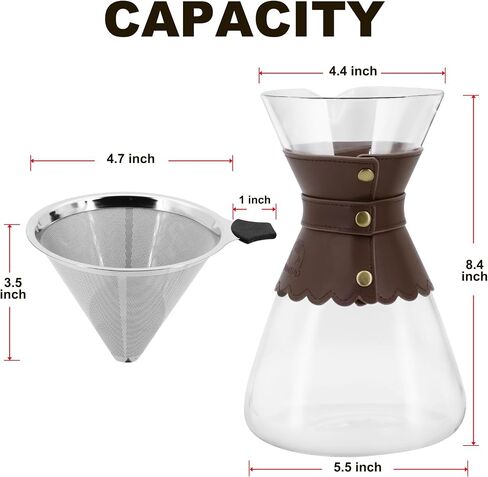 YMMIND 34oz Pour Over Coffee Maker with Double Layer Stainless Steel Filter, Borosilicate Glass Dripper, Detachable Heat-Resistant Leather Pad 7-8 Cups Coffee Maker Carafe（Dark brown） in Saudi Arabia
