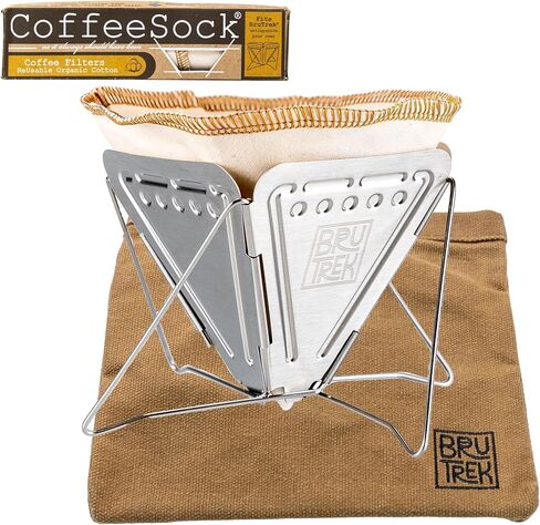 BruTrek Collapsible Pour Over Camping Coffee Maker - Stainless Steel Travel Brewing Kit, Reusable Cotton CoffeeSock Filters, Canvas Pouch Carrying Bag, Compact Packable Lightweight Design in Saudi Arabia