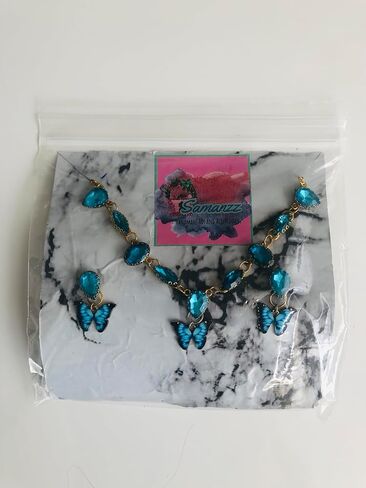 Crystal Rhinestones and enamel Butterfly charm Necklace and Earrings fashion costume jewelry Set (Light blue) in Saudi Arabia