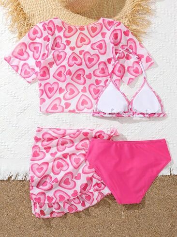 COZYEASE Girl's 3 Piece Swimsuits Heart Print Halter Triangle Cute Bikini Bathing Suit with Cover Up Skirt in Saudi Arabia