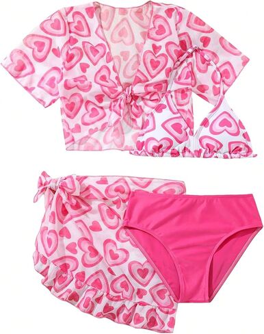 COZYEASE Girl's 3 Piece Swimsuits Heart Print Halter Triangle Cute Bikini Bathing Suit with Cover Up Skirt in Saudi Arabia