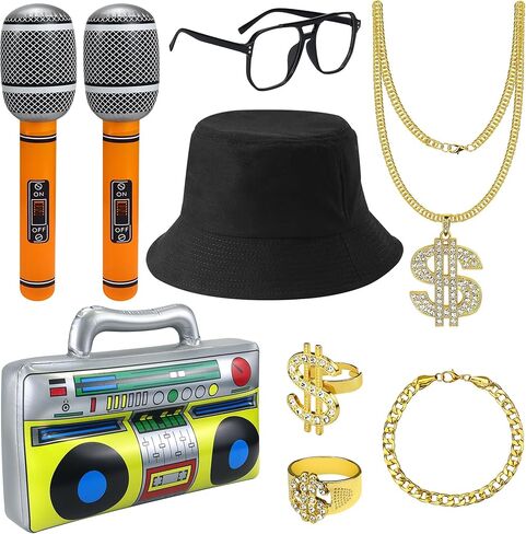 Nobgum 8Pcs Hip Hop Costume Accessories kit，80s/90s Hip Hop Fancy Dress with Gold Dollar Sign Necklace Sunglasses Rings Bracelet Radio Microphone Balloon, Rapper Accessories for Men Women in Kuwait